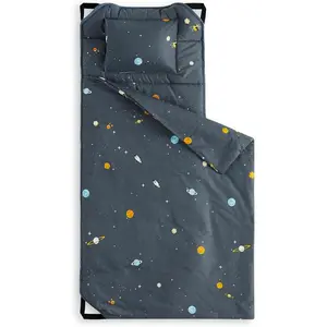Cot Nap Mat with Pillow and Blanket, 100% Cotton Fabric, for Toddler Kids Boys Girls Ages 3 Plus in Daycare Kindergarten Preschool, Stars Space Rockets