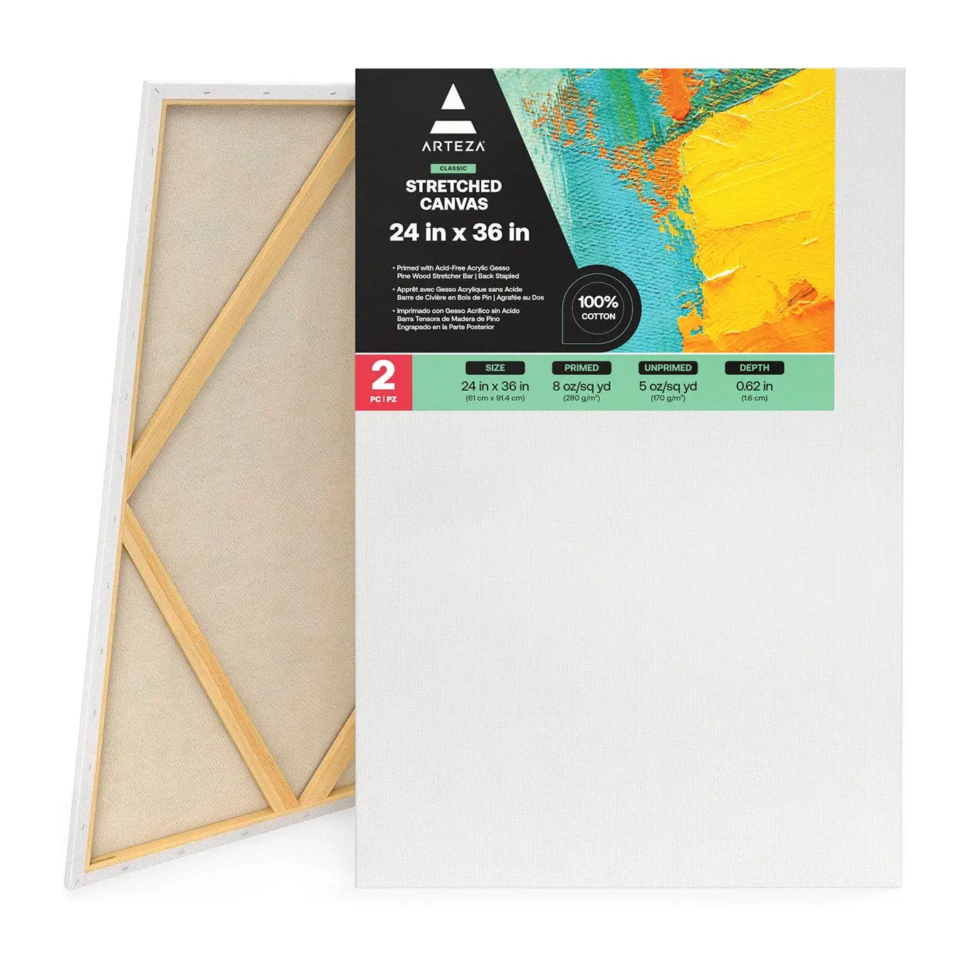 Arteza® Classic Cotton Stretched Canvas, 24"x36", Set of 2, Pinewood Frame with Sturdy Stretcher Bars, Durable Construction, Triple Primed Base, Resist Warping, Quality DIY Painting Supplies for Large-Format Artwork - ARTZ-8055