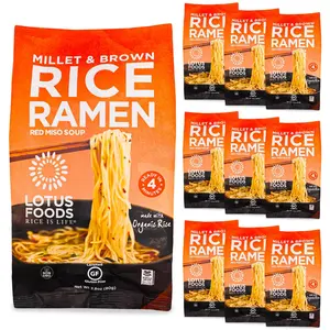 Lotus Foods Organic Millet & Brown Rice Ramen with Miso Soup - Gluten Free Ramen Noodles, Vegan Ramen Noodles with Millet Flour & Brown Rice Flour, Whole Grain GF Ramen - 2.8 Oz Bags (Pack of 10)