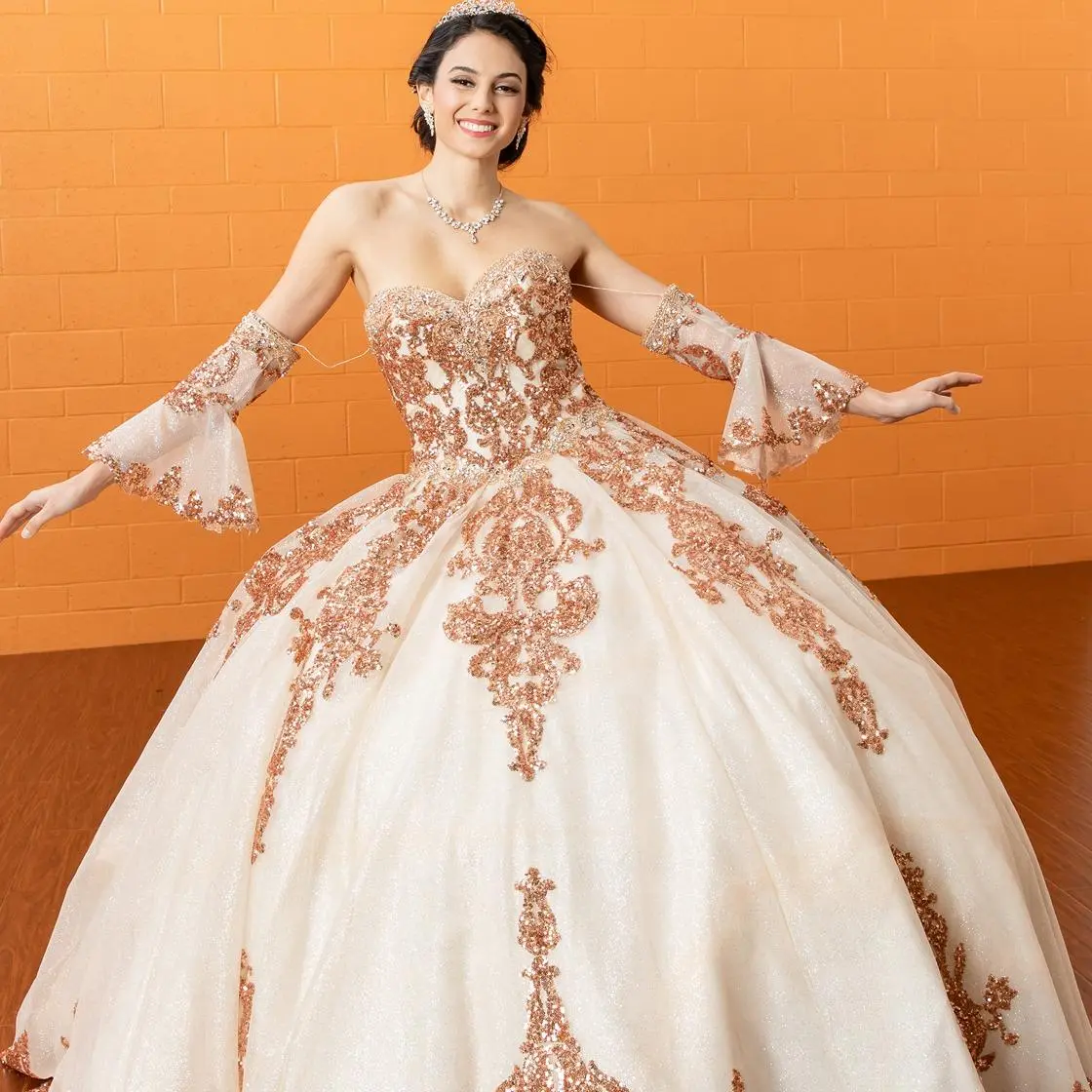 No.25 Quinceanera Formal Floor-Length Gown Dress, Green/Red/Champagne, with Removable Bell Sleeves, Elegant, Full Length, Formal Wear, Lady, Women
