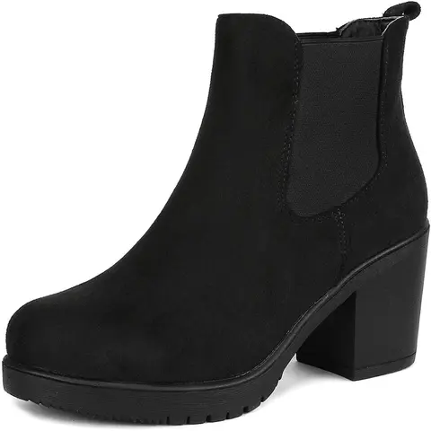 Dream Pairs Women's Soft Suede Chelsea Ankle Boots - 3" Platform Block Heel, Slip-On, Synthetic Sole, Comfortable Walking Footwear, Shoes for Women, Dual Gore Panels, High Heel Boot