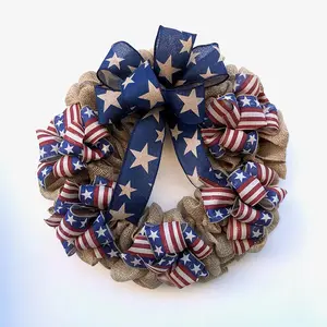 Patriotic Burlap Berries Wreath for Front Door, Forth of July Wreath for Indoor and Outdoor, Memorial Day Independence Day Wreath Decoration