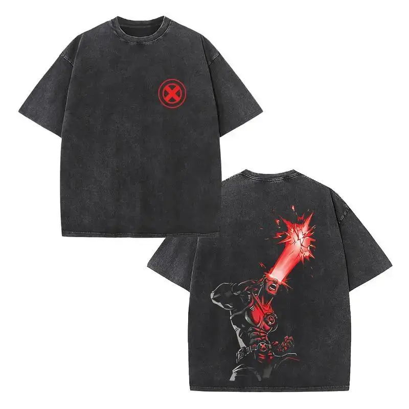 Retro Optic Blast Bold Red X-Men X Symbol Front Chest Print & Red Laser Beam Blast Cyclops Hero Back Graphic Dual-Sided Vintage Washed Black T-Shirt, Unisex Oversized Heavyweight Cotton Streetwear Top, Ideal Gift for Optic Blast X-Men Fans