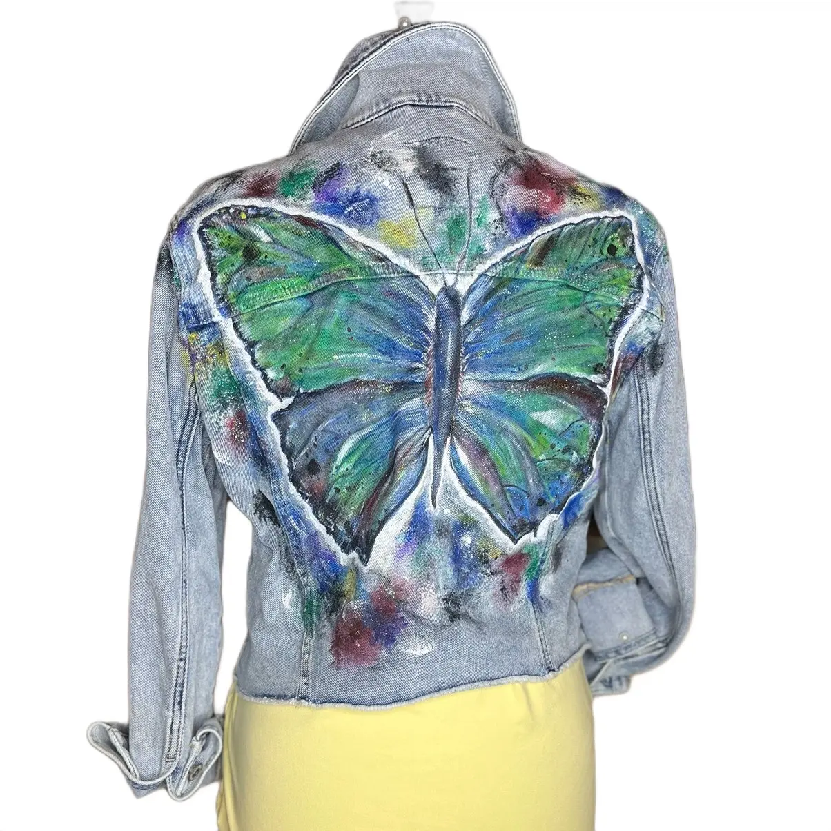 Original Hand Painted Custom Butterfly Cropped Jean Jacket. Size Small Coats Fashion Colorful
