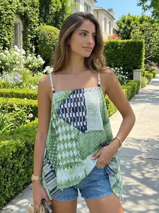 Women's Summer Boho Style Loose-Fitting Backless Top, Vintage Print Irregular Design Sleeveless Casual Tee, Perfect for Vacation Wear