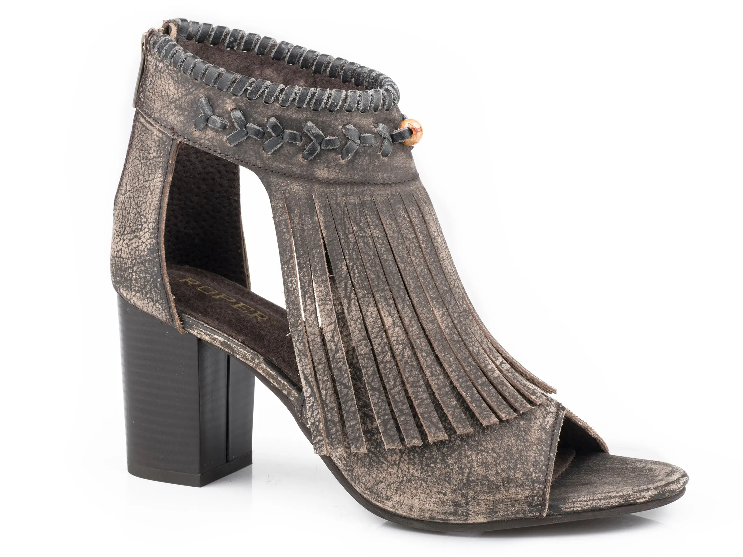 Women's Roper Sanded Brown Leather Heel w/ Fringe