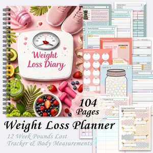 1 A slim spiral notebook for achieving a healthy diary - a weight loss tracker and body measurement recorder, including a scale, fitness equipment and a tracker for healthy foods.