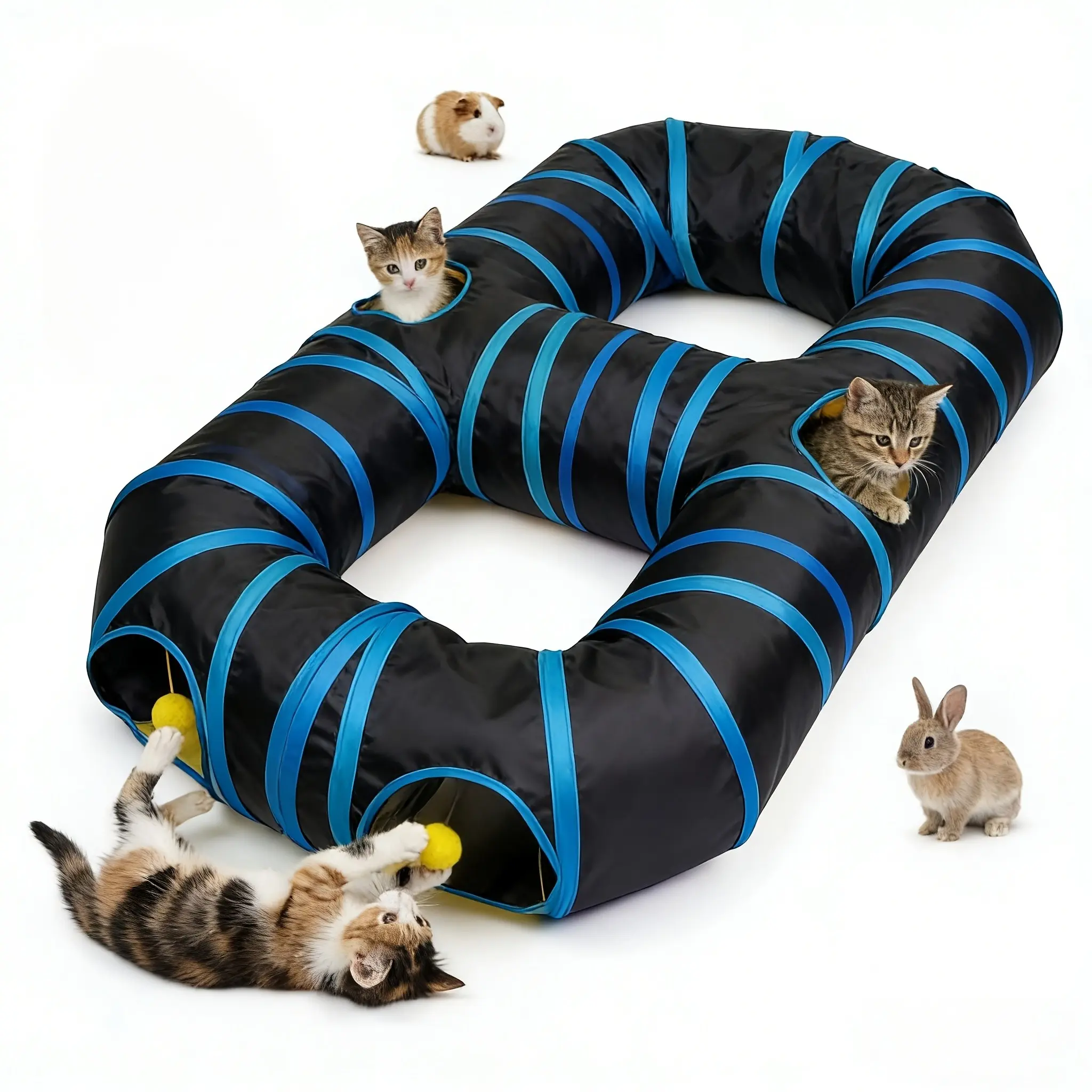 Large Foldable Indoor Cat Toy Tunnel, Maze Design with Hanging Plush Ball and Interactive Openings, Suitable for Kittens, Puppies, Rabbits, Rats, Guinea Pigs