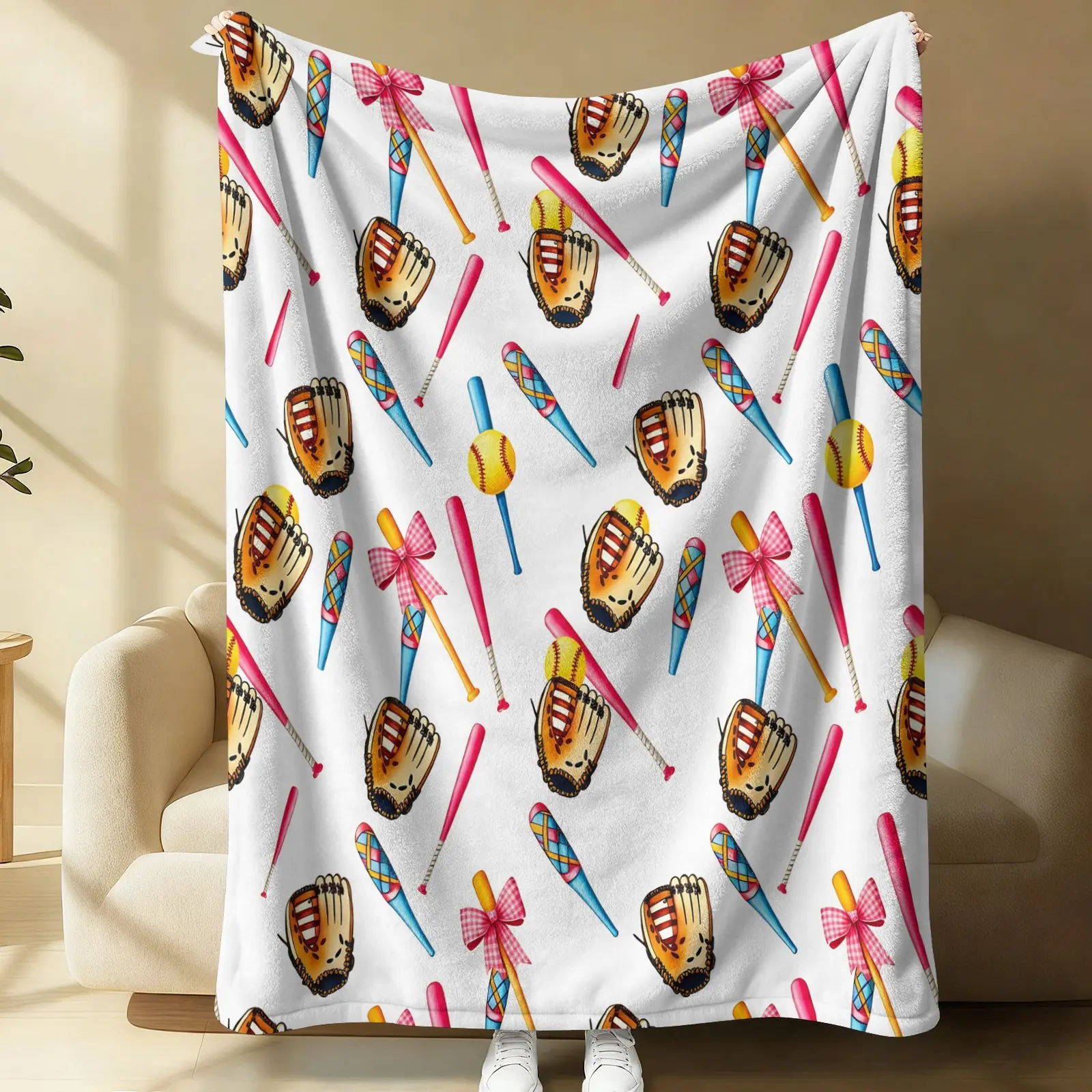 Coquette Girly Baseball Theme Blanket, Softball Bat & Bow Print Flannel Throw Blanket, Soft Warm Lightweight Blanket, Cozy Digital Print Gift Blanket for Girls Bedroom, Living Room, Couch, Dorm, Travel, Great Gift for Young Athletes