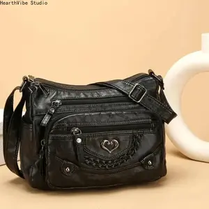 2026 Women’s Genuine Leather Crossbody Bag - Heart-Shaped Pattern, Multiple Pockets, Spacious Interior, Stylish Versatile Everyday Bag for Sports & Outdoor Gym Travel