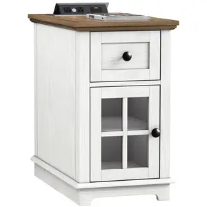 End Table with Drawer, Storage Side Table with Flip Top Charging Station, Type-C & USB Port & Power outlets, Wooden Storage Cabinet for Living Room and Bedroom