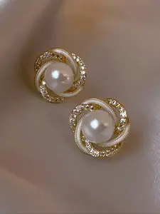 1 Pair Fashionable Minimalist Pearl Stud Earrings For Women, Sweet & Elegant Crystal Embellished Earrings, Earrings Jewelry, High Quality Earrings
