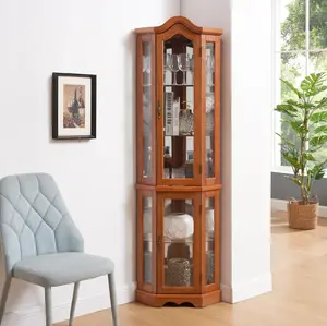 Dreamzon furniture Curio Cabinet Lighted Glass Display Curio Cabinet w/Tempered Glass Doors and Shelves, Crown Corner Cabinet with Bulb, Corner Storage Decoration for Living room and Bedroom OAK