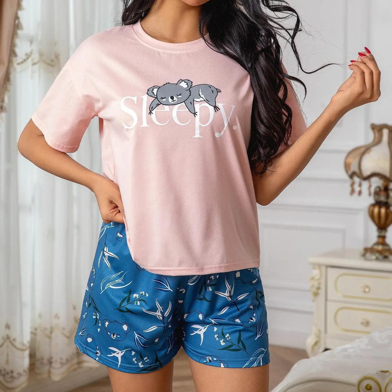 Koala Women's Pajamas Summer New Cartoon Cute Casual Loose Short Sleeve Shorts Homewear Set Suitable for Outside Wear