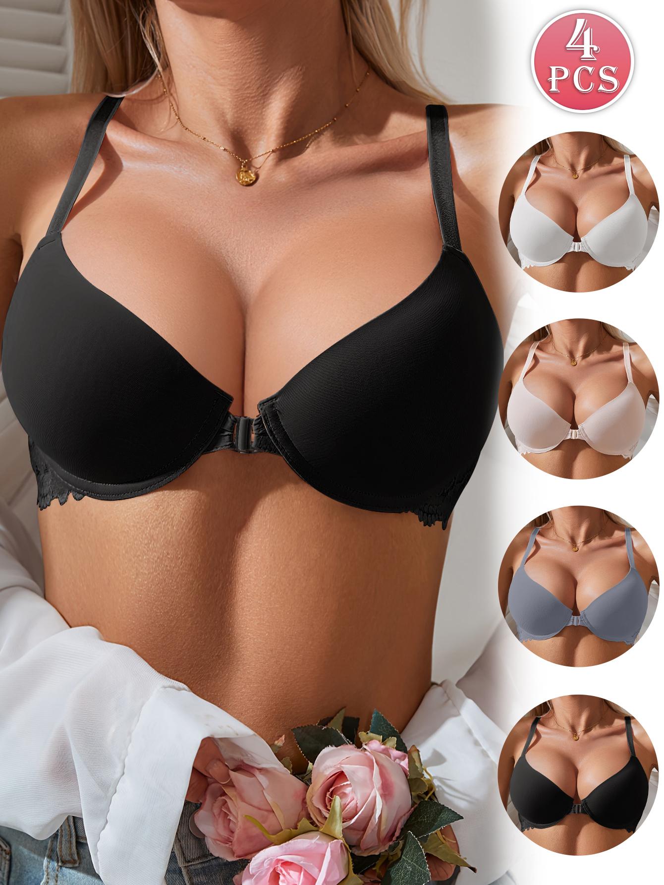 4PCS Front-closure Push Up Seamless Bras For Women Breathable Lace Back Design, Underwire Support Adjustable Straps Women’s Comfort Backless Lingerie everyday Elegant Minimalist  Chic Womenswear