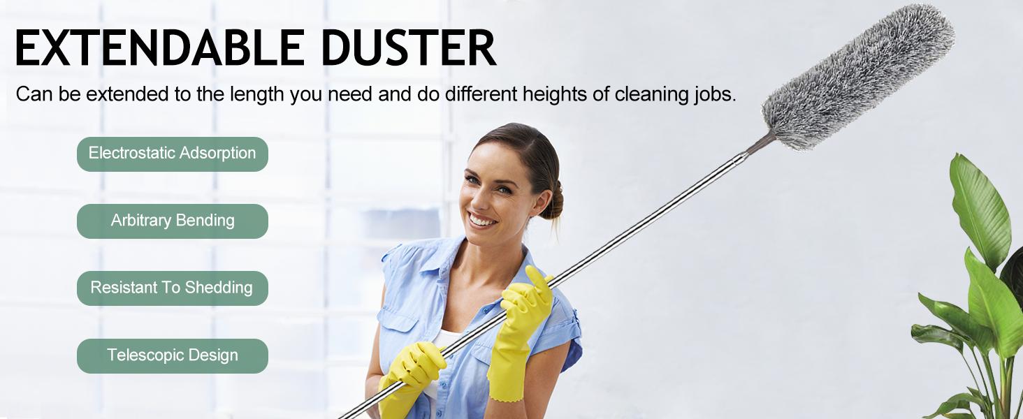 [New Deal] Extra-Long Dusters with Extension Pole 100-inch for Cleaning, Bendable Microfiber Head Washable Ceiling Fan Duster for High Ceilings