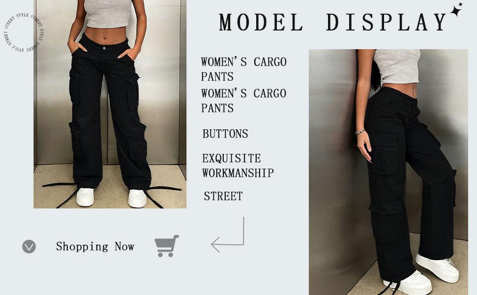 Women's Black High-Waist Multi-Pocket Stretchy Baggy Oversized Wide-Leg Cargo Pants - Drawstring Hem, Basic Lady Streetwear Casual Bottoms