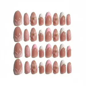 Medium Almond French Press-On Nails Bundle, 48pcs ABS Eco-Friendly Resin with 3D Gel Petal Design, Nail Art Design, Rhinestone Embellished, Glossy Finish, Medium Length, Easy Wear Acrylic False Nails
