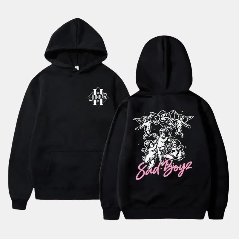 Men's Sad Boyz Junior H Graphic Hoodie - Unisex Cotton Street Style Menswear, Distressed Cargo-Inspired Pullover, Stylish Aesthetic Breathable Casual Daily Sweatshirt Top