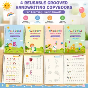 4-Pack Reusable Grooved Handwriting Practice Books – Alphabet, Numbers, Math & Drawing Set with Pen, Grip & 6 Refills | Preschool Learning Activities