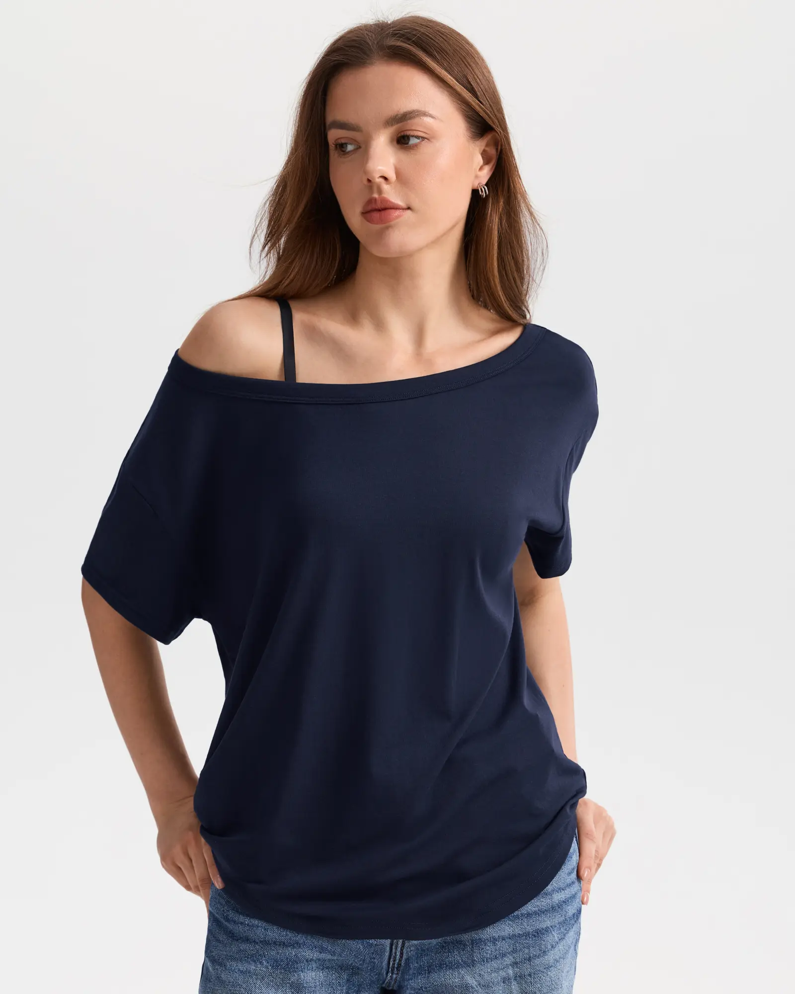 SOLBRACE Women's Off The Shoulder Oversized T-Shirt, Ultra Soft Weightless Drape Fabric, Hip Length Relaxed Fit Top, Flattering Casual Tee for Daily Wear & Layering
