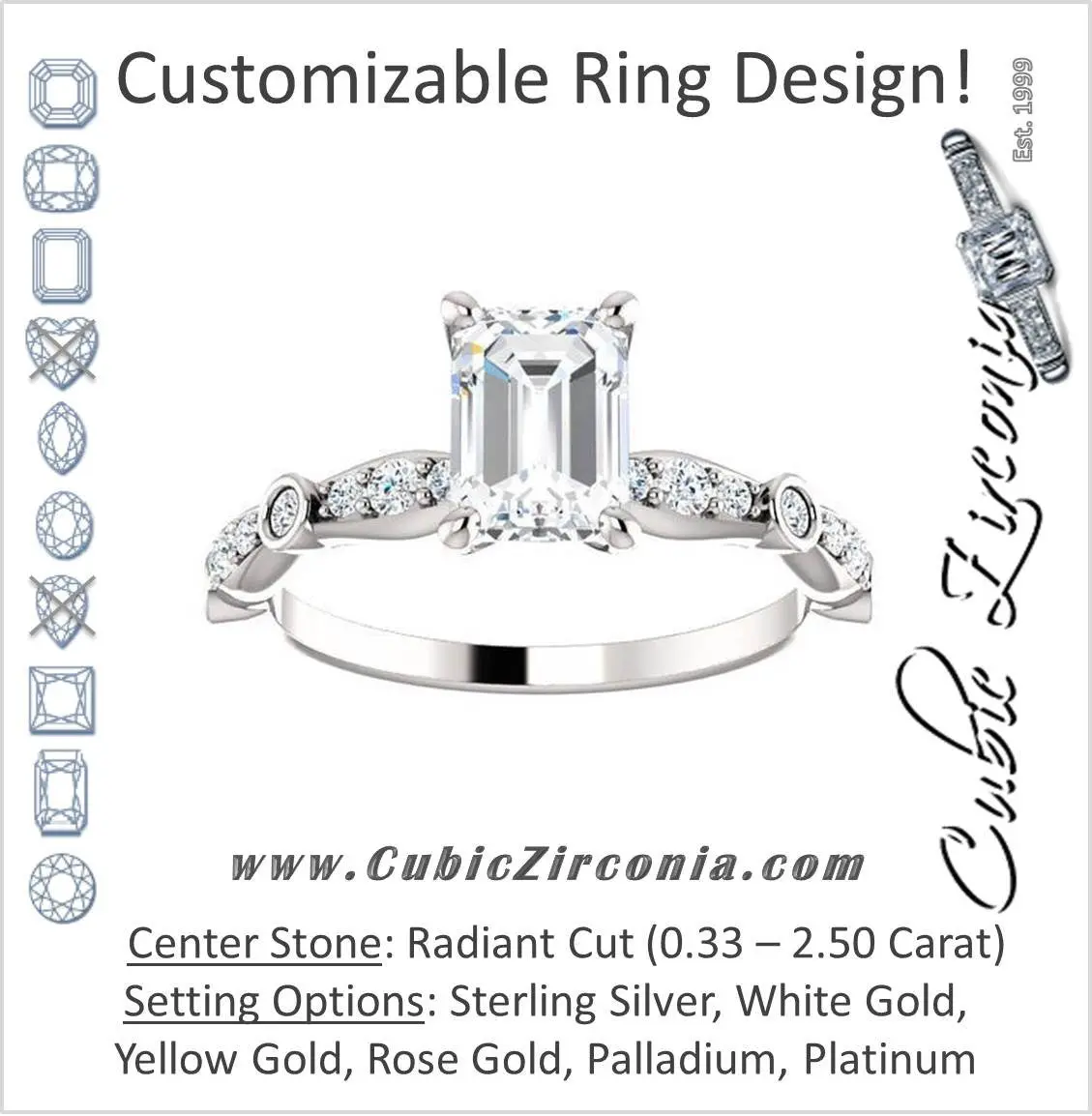 Cubic Zirconia Engagement Ring- The Lindsay (Radiant Cut Ladies' Belt-Inspired Customizable Setting with Bezel-Set Pave Band)