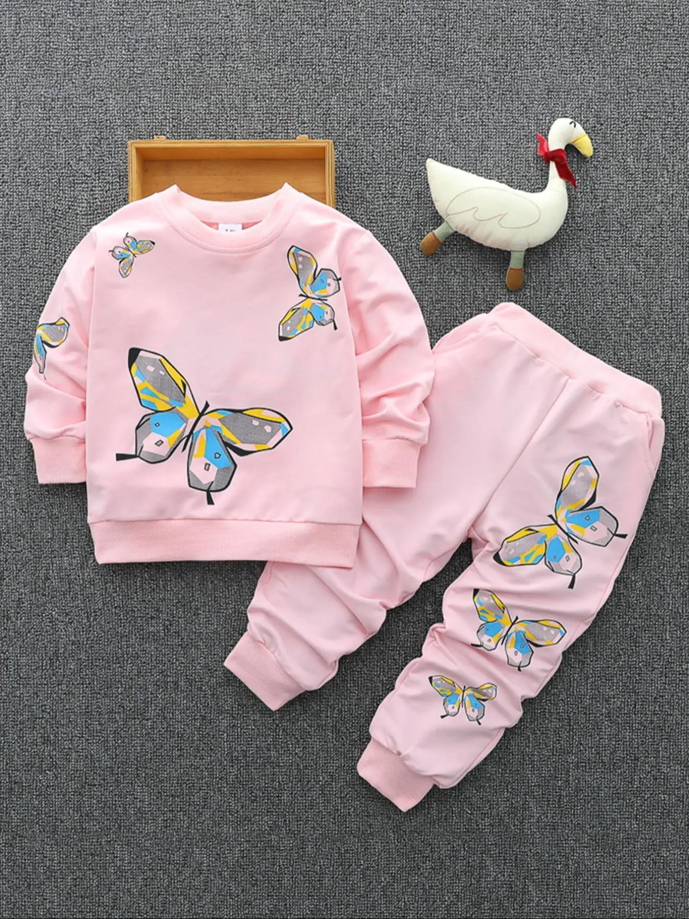 Girl's Butterfly Print Sweatshirt & Elastic Waist Pants Set, Casual Round Neck Long Sleeve Pullover & Trousers for Spring & Fall, Kids Clothes for Dai