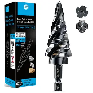 M35 Four Spiral Flute Step Drill Bit Set 3/16" - 7/8" (12 Sizes ), 1/4" Hex Shank Drill,  Resistant M35 HSS Unibit Step Drill bit, for Stainless Steel, , , Plastic,  for DIYers