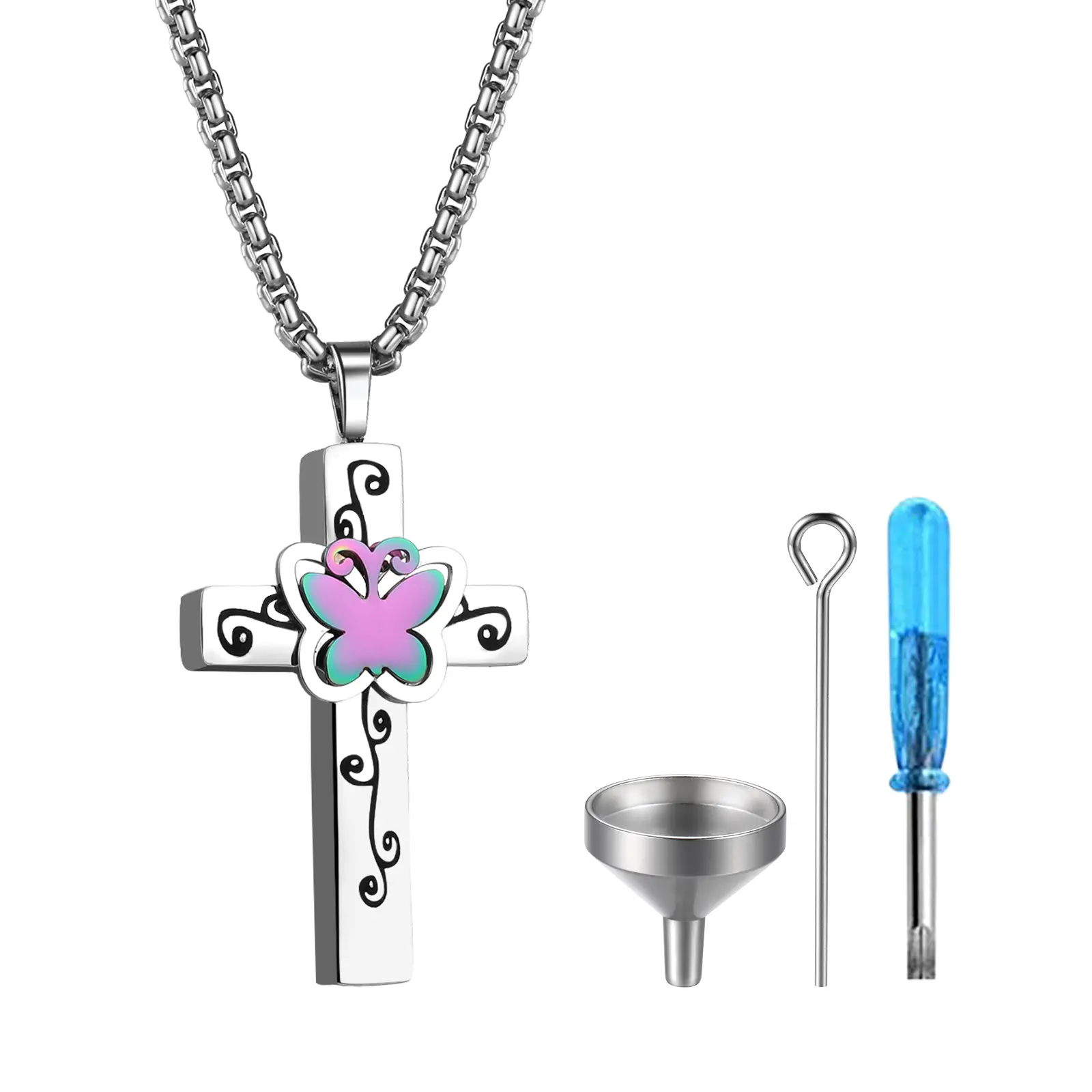 OIDEA Butterfly Cross Openable Necklace - Stainless Steel  Pendant, Fashionable Jewelry Accessories, Women's Memorial Necklace with Included Filling Kit summerwins,summerwins