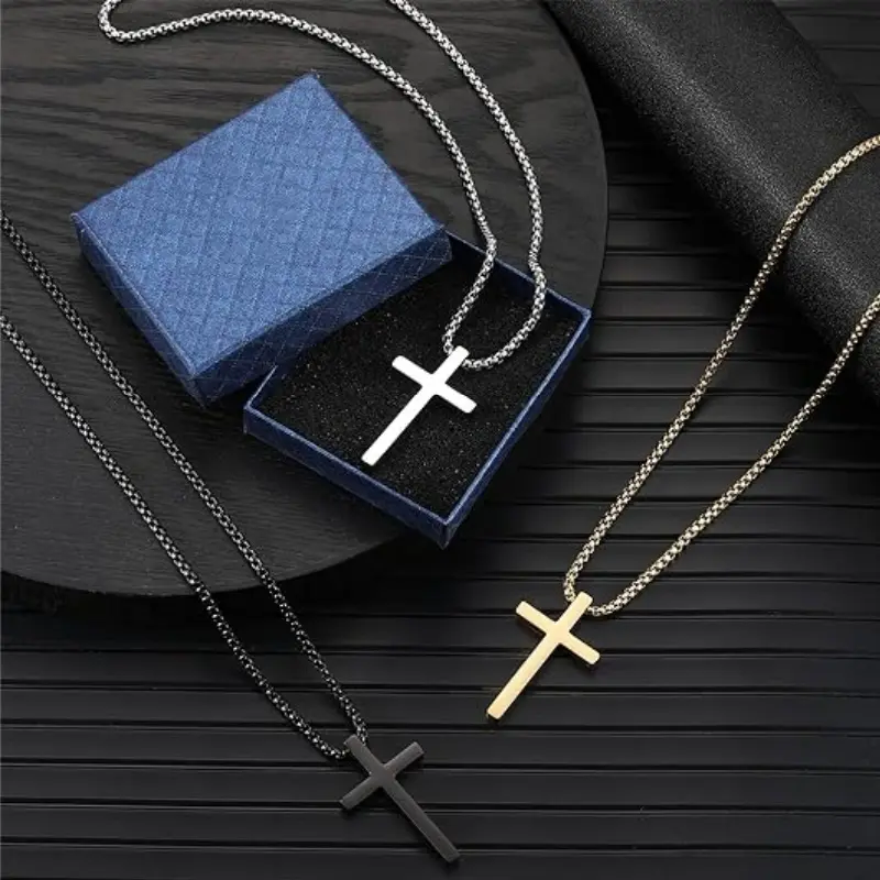 Glossy Stainless Steel Plain Cross Necklace - 0.7in Wide, 1.2in Long, 4mm Thick, 3 Color Options, Winter Casual Jewelry Accessories, Valentine's Day Gift, Male & Female Chains, Christmas Gift