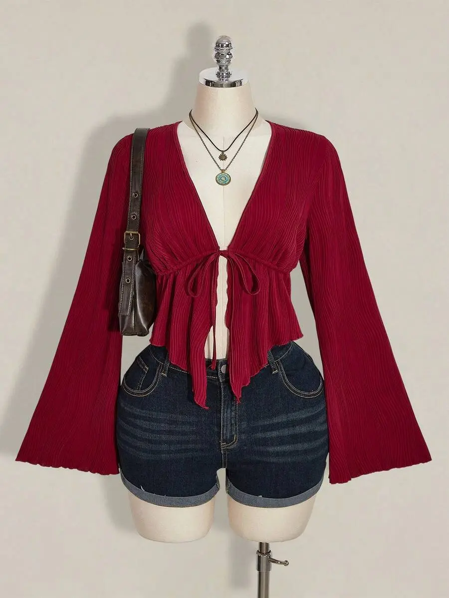 Plus Size Tie Front Top - Deep V-Neck Bell Sleeve Cropped Peplum Blouse for Night Out