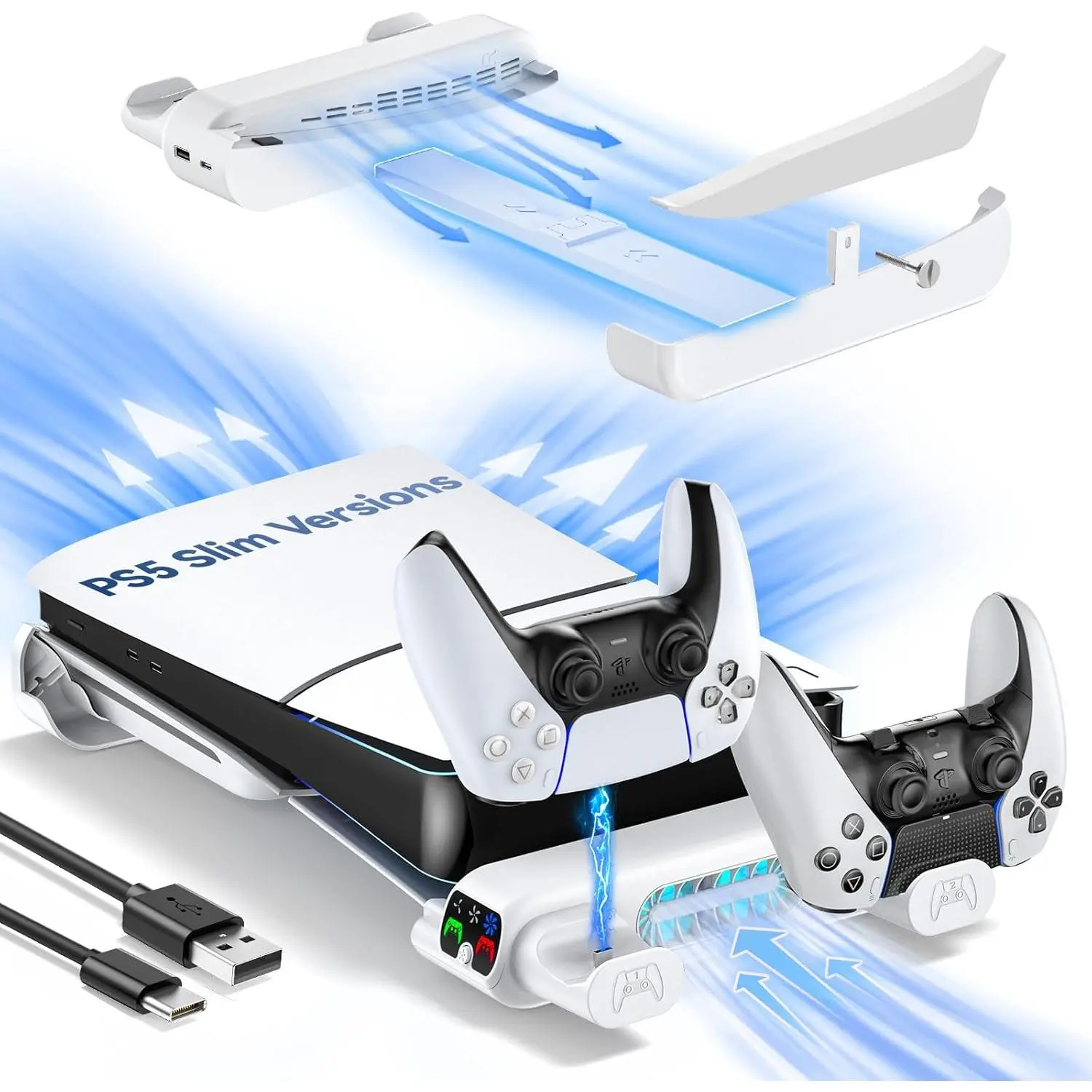 PS5 Slim Horizontal Cooling Stand Replacement for PS5 Slim Disc & Digital Only, PS5 Controller Charger with 3-Level Cooling Fan, PS5 Stand for 2023 PS5 Slim Console (NOT Fit 2020 PS5)