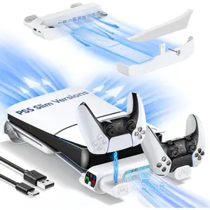 PS5 Slim Horizontal Cooling Stand Replacement for PS5 Slim Disc & Digital Only, PS5 Controller Charger with 3-Level Cooling Fan, PS5 Stand for 2023 PS5 Slim Console (NOT Fit 2020 PS5)