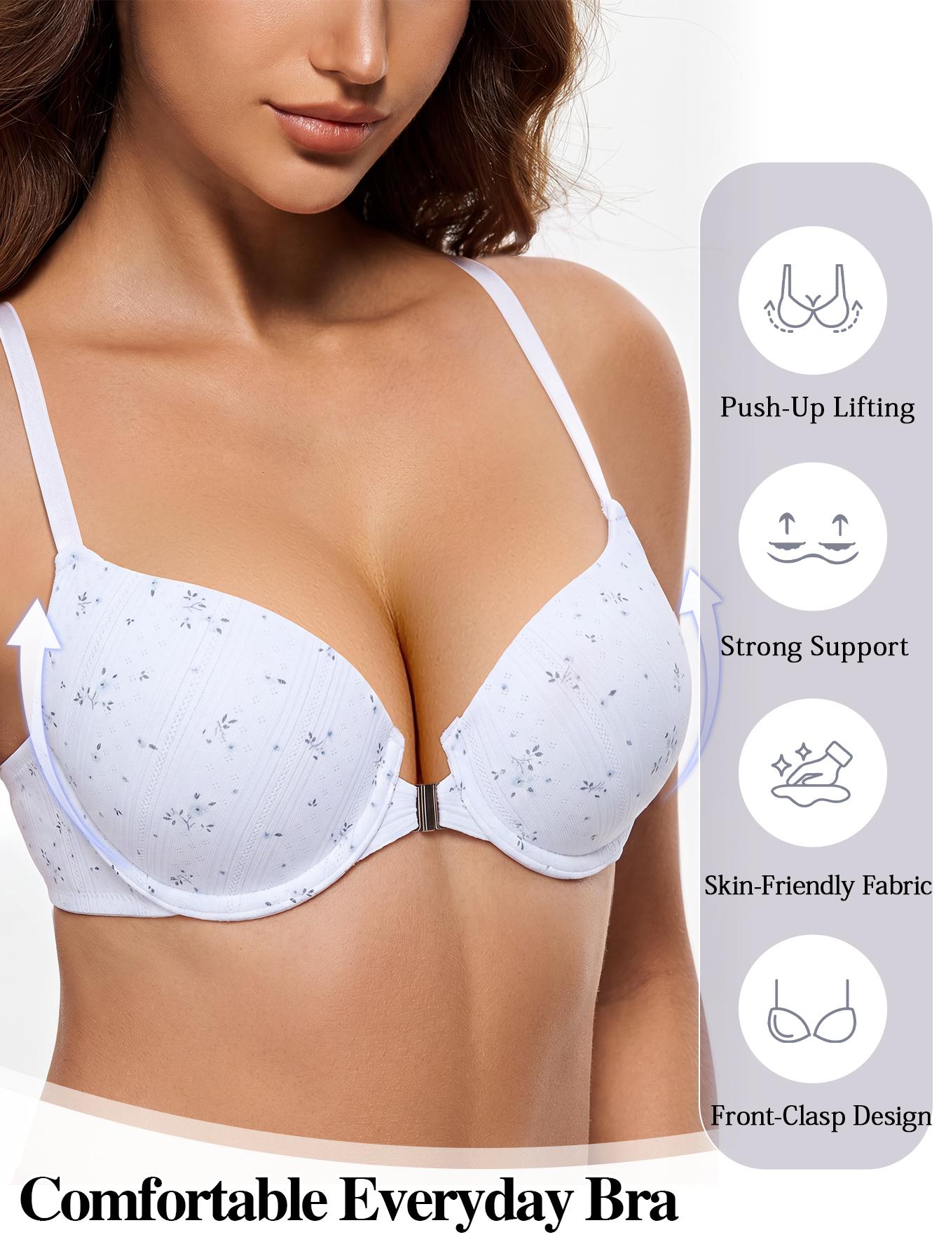 TryWish Women's Front Closure Push Up Floral Print T-shirt Bra - Elegant, Seamless, Comfortable for Small Chest, No Gap, Everyday Wear, Hand Wash Style, Elegance, All Season, Floral Ditsy