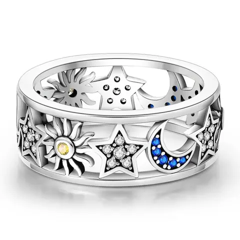 Women's 925 Silver-Plated Fashion Ring - Decorated Carved Band, Blinged-Out Cubic Zirconia Sun-Moon-Star Design, Ideal for Casual Wear, Anniversary Gift, Best Friend Present