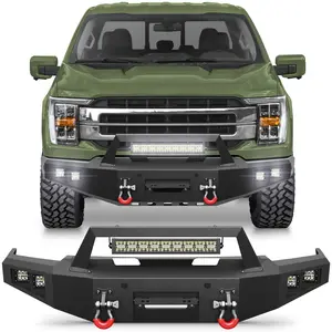 Front Bumper w/Winch Plate for 2021-2024 Ford F150(Exclude Lighting EV & Raptor), 2021 2022 2023 2024 teel Bumper w/LED Lights, D-rings