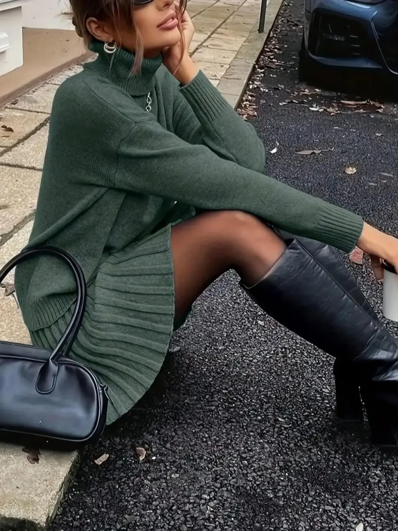 Women's Plus Size Knit Set, Fall & Winter Elegant High Neck Drop Shoulder Long Sleeve Sweater and Pleated Skirt 2 Piece Set