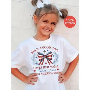 SHOWTLY Brand, She'S A Good Girl Loves Her Mama Jesus And America Too - Patriotic Graphic Tee with Flag Bow And Cross Design, Soft Casual T-Shirt for, Perfect Gift for Mom Grandma on Mother'S Day Easter St Patrick'S Day Valentine'S Da （3-13Y）