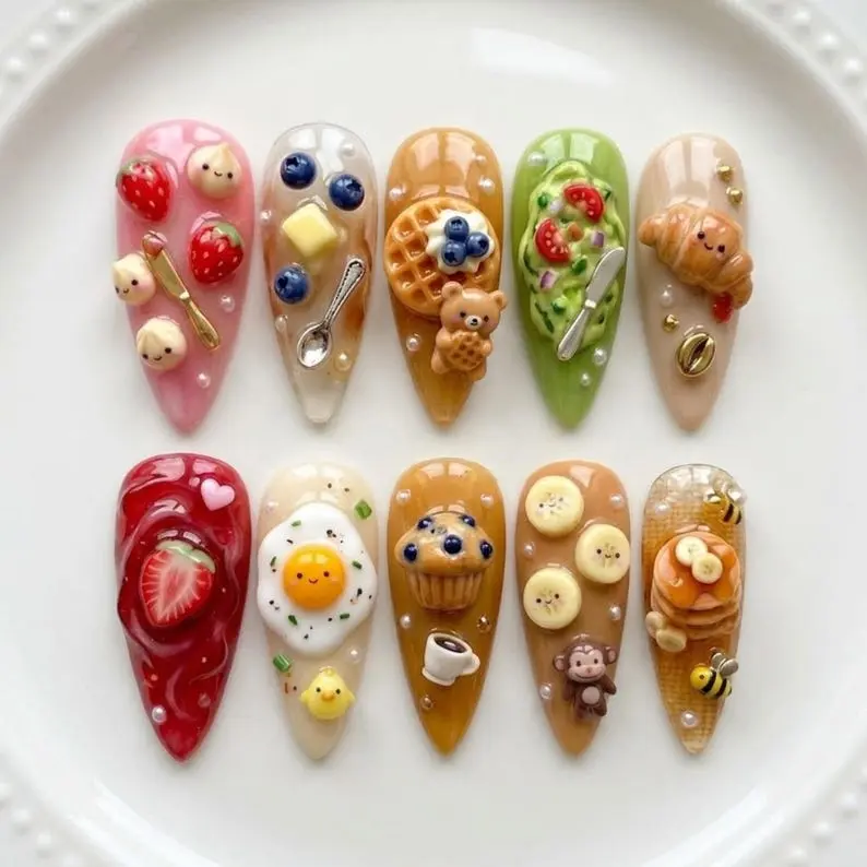 Breakfast Food Press On Nails 3D Strawberry Kawaii Y2K Mini Pancake & Egg