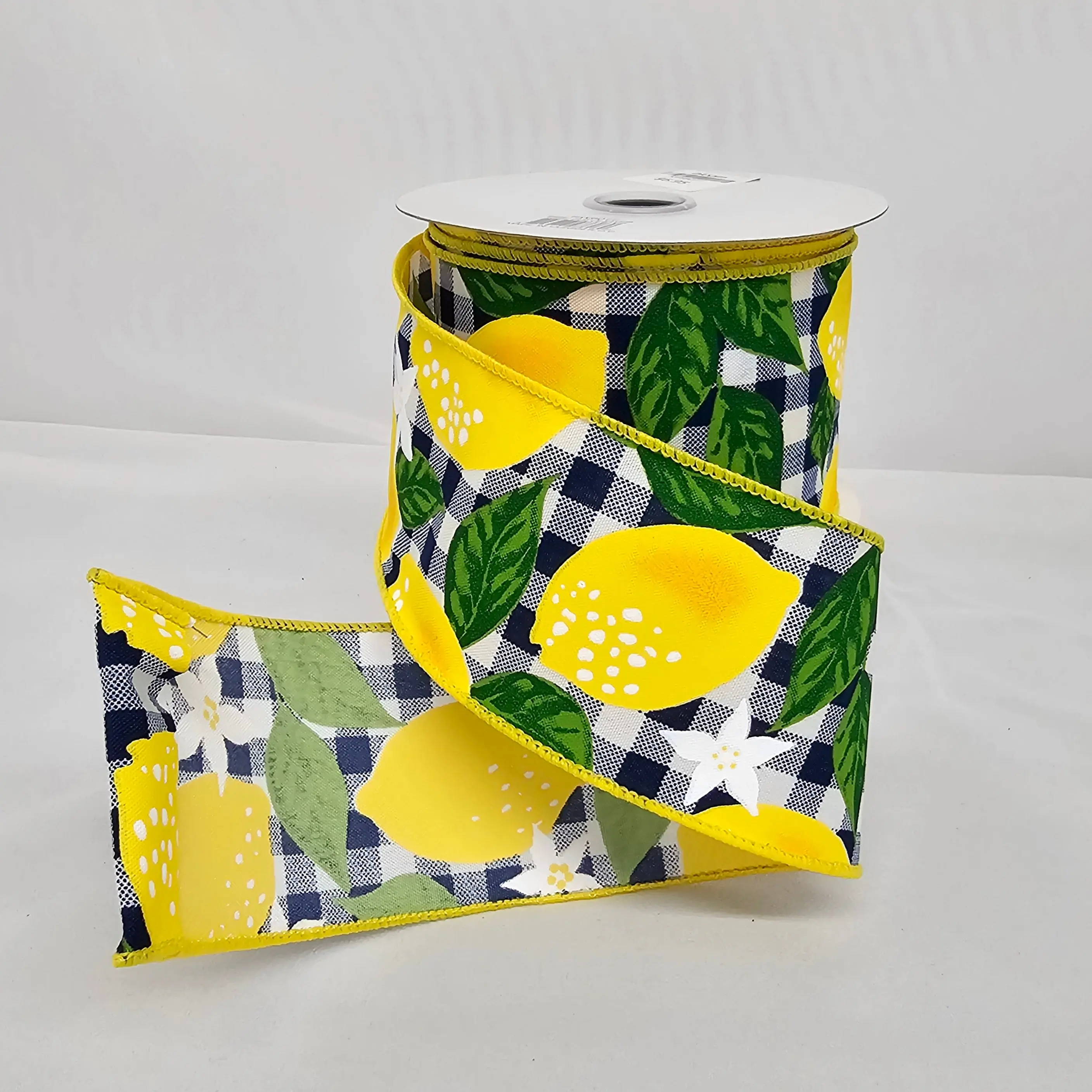 2.5"x10Y Navy Large Plaid Lemon Floral Ribbon