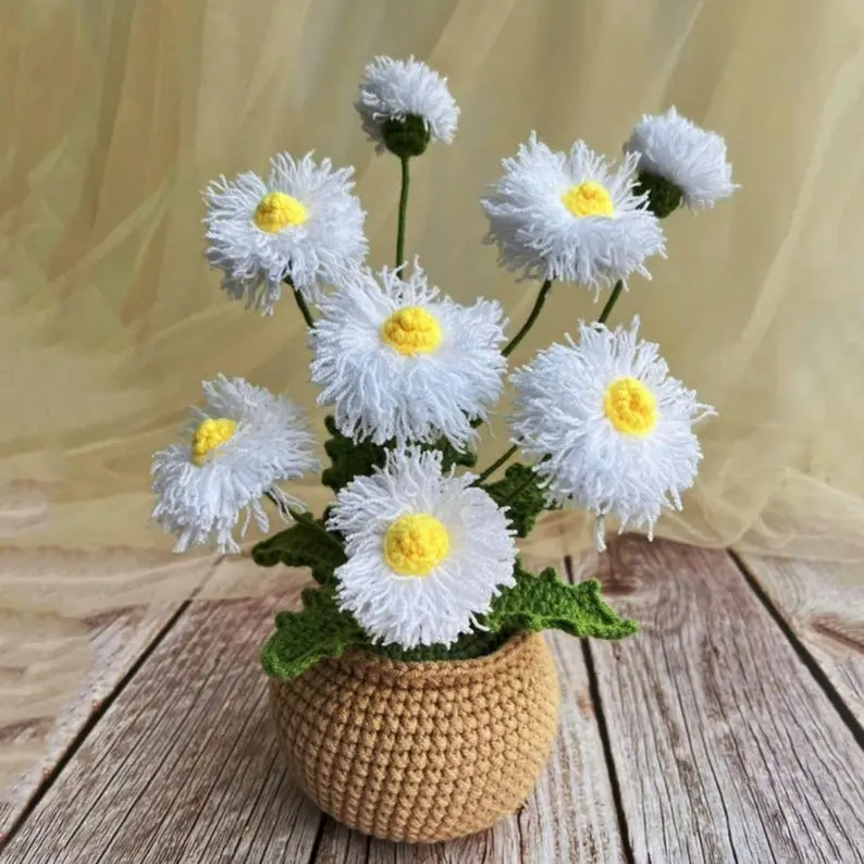 Custom Daisy Bouquet, Crochet Daisy in Pot, Red Flower, White Flower, Purple Flower, Gift For women, desk decoration, handmade flower, Crocheted Flower Bouquet