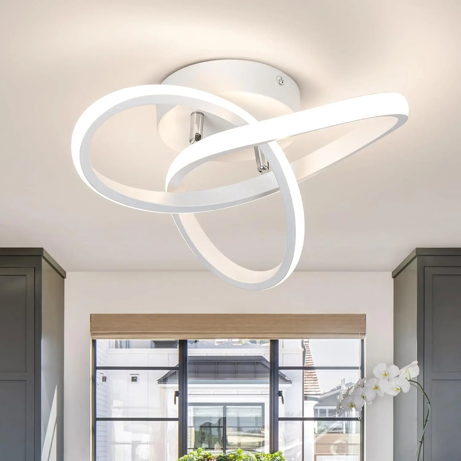 Modern LED Ceiling Light Fixture - Curved Design 3-Color Dimmable Semi-Flush Mount Home Lighting, Interior LED Ceiling System with Cool White & Decorative Atmosphere Light for Hallway, Bedroom