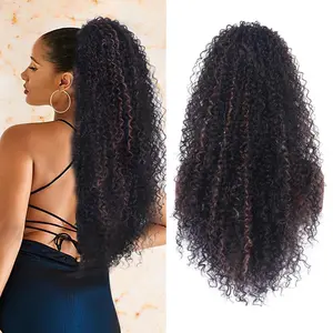 27 Inch Drawstring Ponytail Extension for Black Women Deep Curly Ponytail Extension Synthetic  with Human Hair Hairpieces Afro Kinky Curly Pony Tail for Daily Use (Brown Highlight)