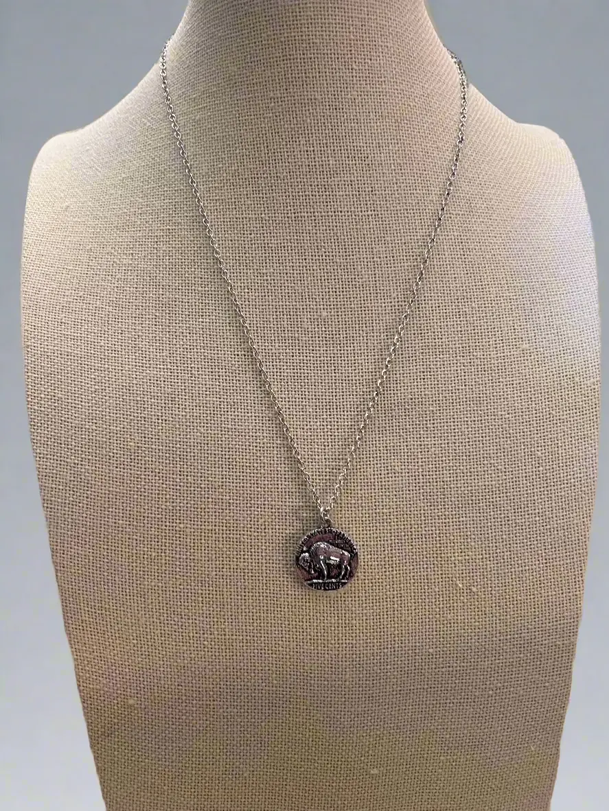 Western Petite Buffalo Coin Necklace & Earring Set — Burnished Silver Western Duo (18 Inch)