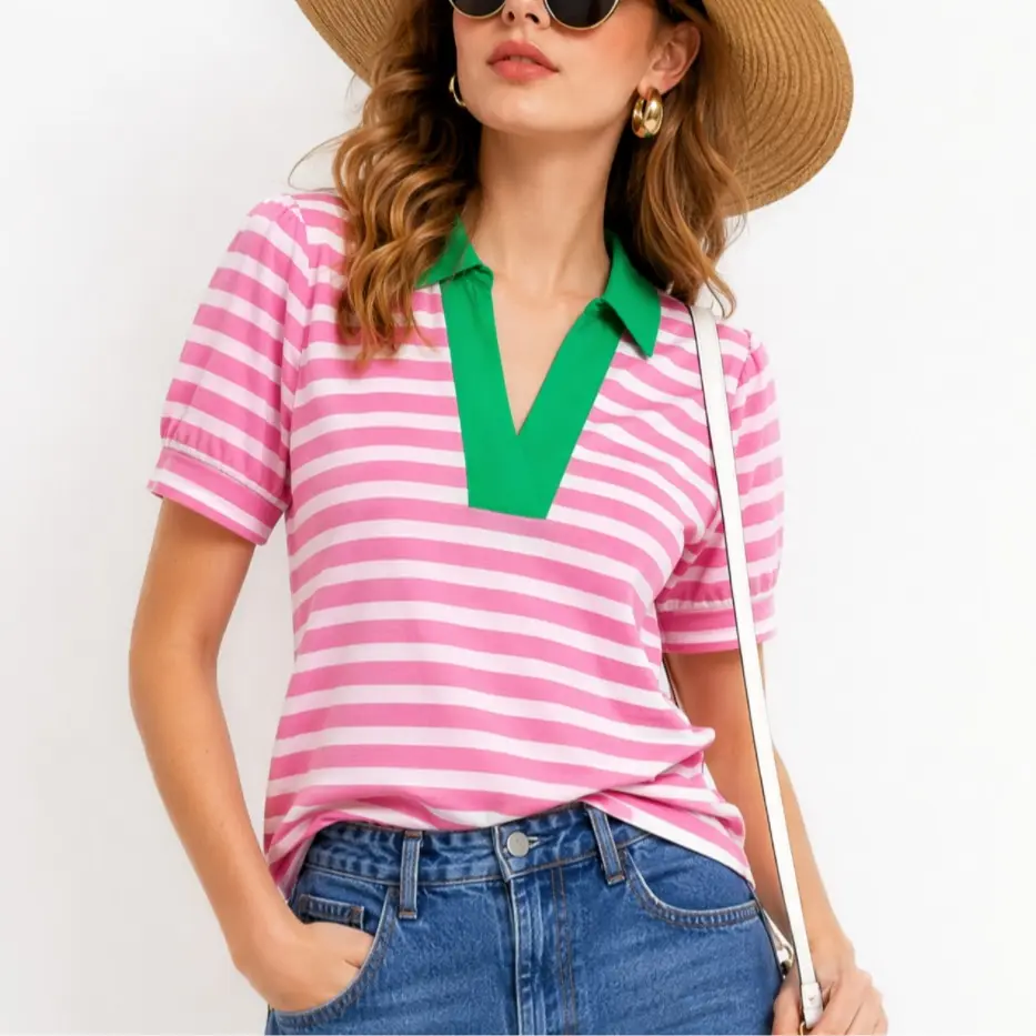 Women's Summer Striped Short Puff Bubble Sleeve Tops 2026 Trendy Color Block Polo Collar Loose Fit Cute Casual Blouse, Shortsleeve  Spring Shirt