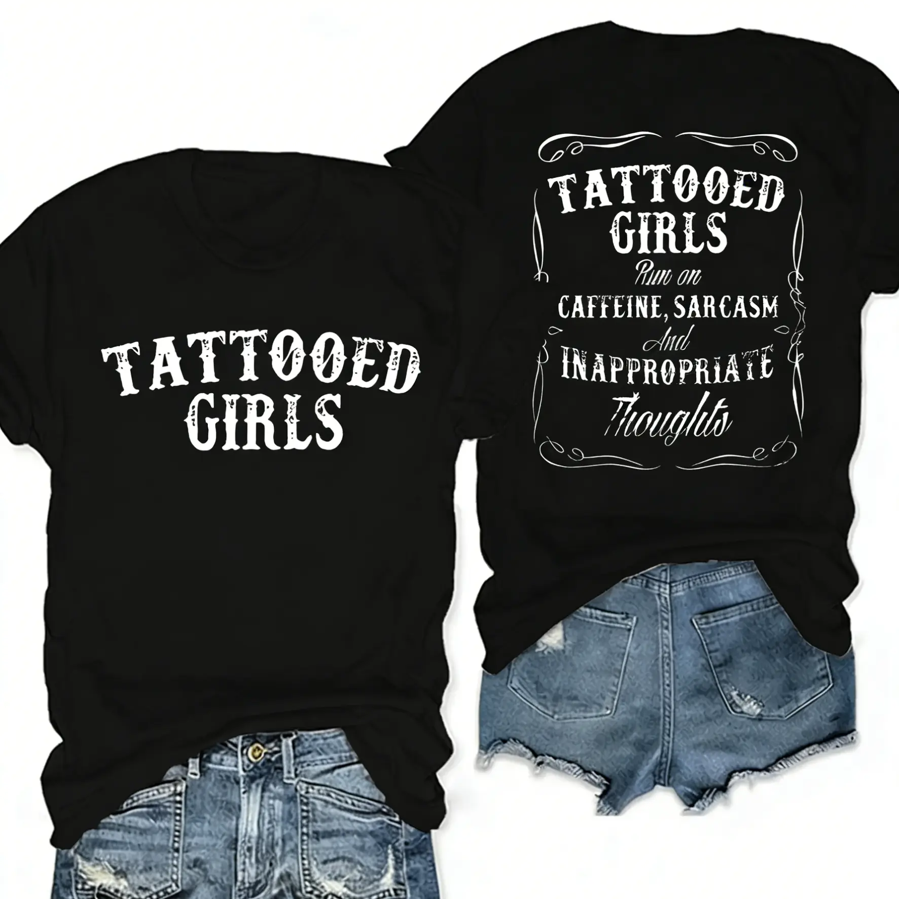 Women's Tattooed Girls Print Round Neck Tee, Vintage Trendy Casual Chic Minimalist Short Sleeve T-shirt for Daily Wear, Ladies Summer, Top, Streetwear, Womenswear