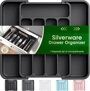 Silverware Organizer - Expandable Kitchen Drawer Organizer, Adjustable Utensil Organizer, Cutlery Drawer Organizer for Forks, , Multipurpose Kitchen Organizers and Storage Solution, Black