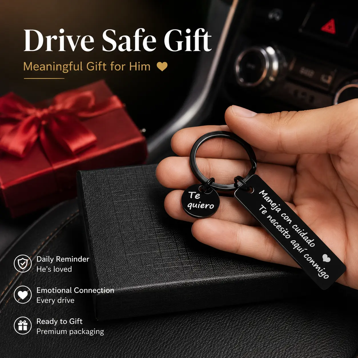 Drive Safe Keychain for Boyfriend Husband, Black Stainless Steel Bar Keychain with Spanish Love Message, Meaningful Gift for Him, Birthday Valentine’s Day Anniversary Anniversary Gift for Men