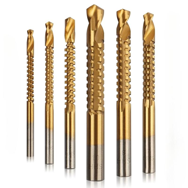 6-Pack Titanium-Coated HSS Drill Bit Kit, Drill Attachments with 3-10mm Serrated Side-Cutting Hole Making Tool for Plastic, Metal, Wood Power Tool Accessory