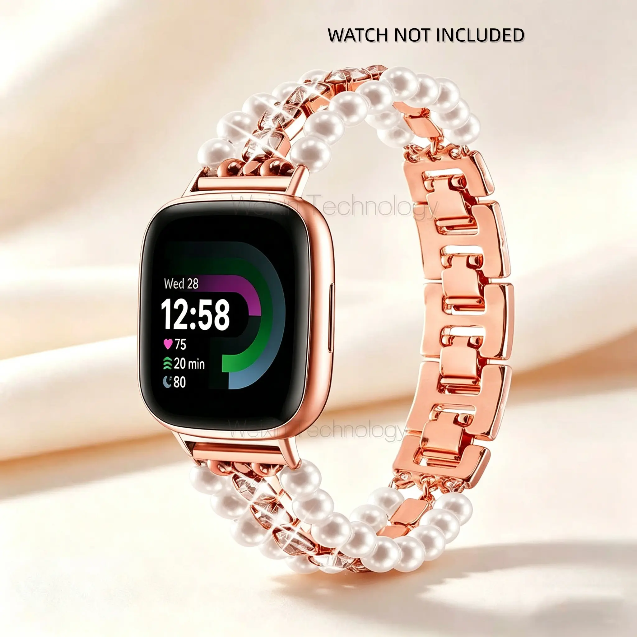 Pearl Diamond Strap Suitable for Fitbit Versa 4/Sense 2/Versa3/Sense Stainless Steel Strap, Metal Strap Bracelet, Female Strap Replacement Tool Free, Smartwatch Accessories